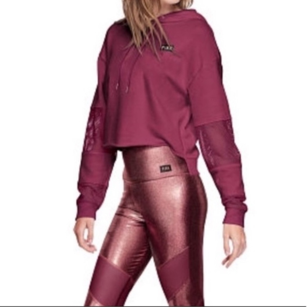 Womens Pink Cropped Hoodie with Mesh Accented Sleeves!